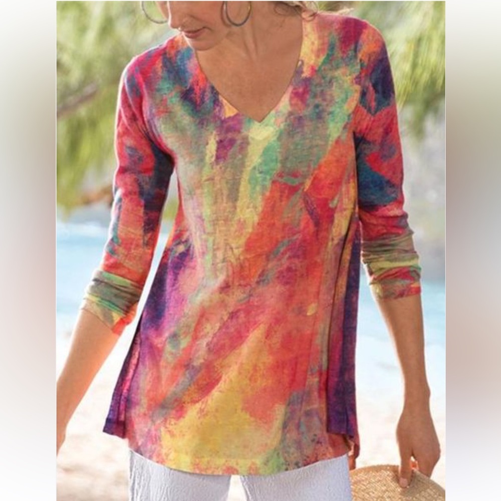 Soft Surroundings Plei De Couleurs abstract print tunic 3/4 sleeve top sz M